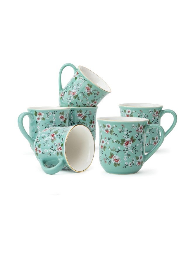 Shay طقم أكواب شاي سيراميك من 6 قطع، زهور نعناع، 180 مل | طقم أكواب شاي من 6 قطع | تشطيب لامع | خزف فاخر | طقم شاي | كوب شاي سيراميك | أكواب صغيرة للشاي (أكواب شاي زهرية - أخضر نعناع) - Image 1