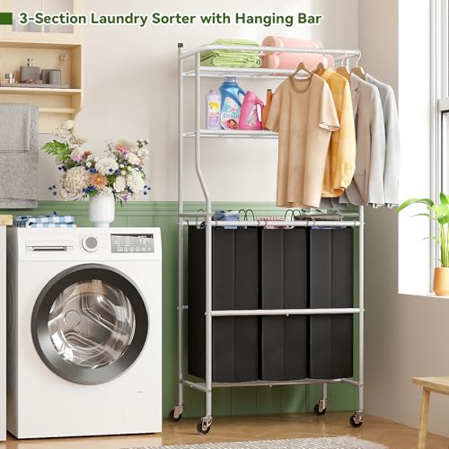MWQ Laundry Sorter with Hanging Clothes Rack Rolling Laundry Cart with Wheels Shelf 42 Gal 160L 3 Section Basket Organizer White - Image 3