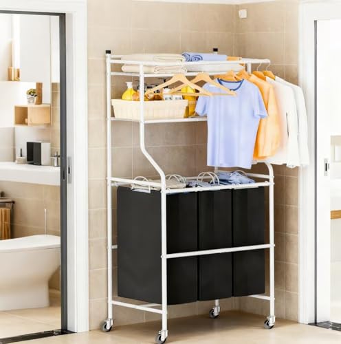 MWQ Laundry Sorter with Hanging Clothes Rack Rolling Laundry Cart with Wheels Shelf 42 Gal 160L 3 Section Basket Organizer White - Image 1