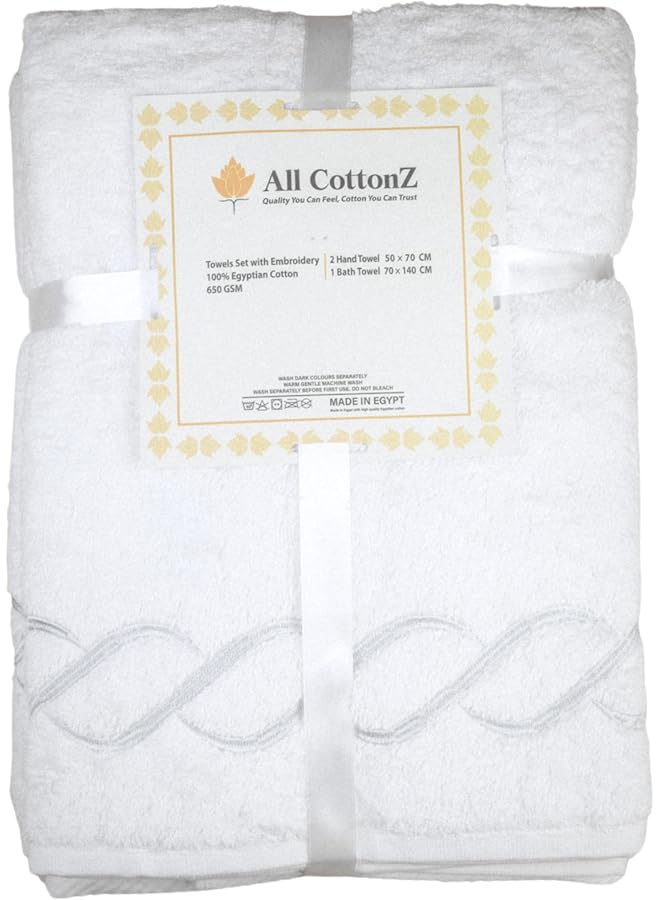 Luxurious 100% Combed Long-Staple Egyptian Cotton Towel Set with Elegant Embroidery, 650 GSM, Ultra-Soft & Highly Absorbent, 3-Piece Set (1 Bath Towel, 2 Hand Towels)