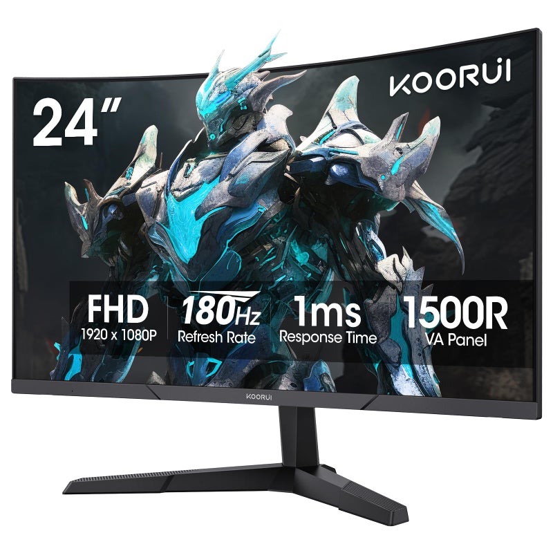 KOORUI 24 inch Curved Gaming Monitor 180Hz FHD 1080P Computer Monitor, 1ms 1500R Display, Adaptive Sync, FreeSync Premium, HDMI 2.0X2 & DP 1.2, VESA, Tilt, 24E6CA - Image 1