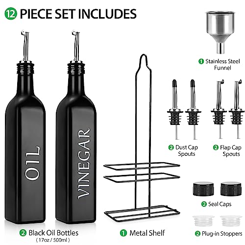 DaiRen Kitchen 2 Pieces Oil and Vinegar Dispenser Set,Black & White Olive Oil Bottle Dispenser with Caddy Holder and Stainless Steel Spout,17oz Cute Vintage Glass Cruet Set for Farmhouse Kitchen（BLACK） - Image 2