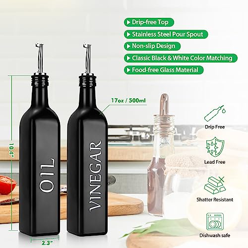 DaiRen Kitchen 2 Pieces Oil and Vinegar Dispenser Set,Black & White Olive Oil Bottle Dispenser with Caddy Holder and Stainless Steel Spout,17oz Cute Vintage Glass Cruet Set for Farmhouse Kitchen（BLACK） - Image 4