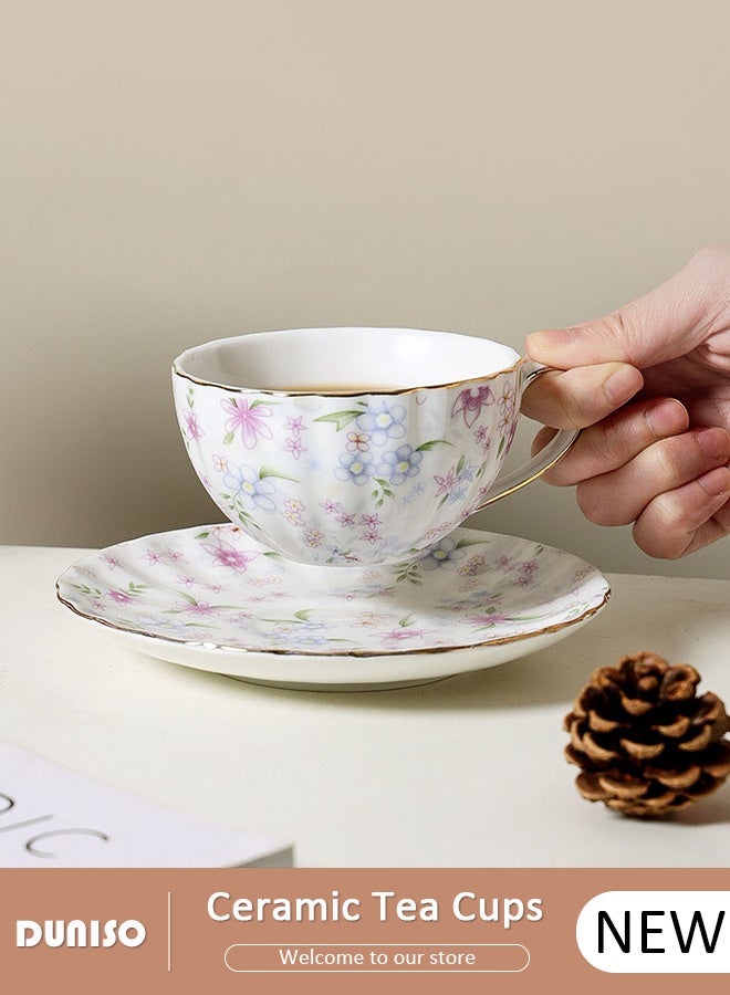 DUNISO Ceramic Tea Cups and Saucers Set, Porcelain Tea Set for Tea Party, Afternoon Tea Cups Saucer for Coffee Drinks and Tea, Kitchen and Living Room Saucers Set,Ceramic Coffee Cup for Office and Home - Image 1