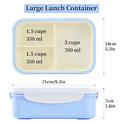 UPTRUST Bento Lunch Container for Kids, Bento Adult Box with 3 Compartment, Leak-proof, Dishwasher Safe, Freezer Safe, Meal Snack Box(Blue-White) (Blue-White) - Image 2