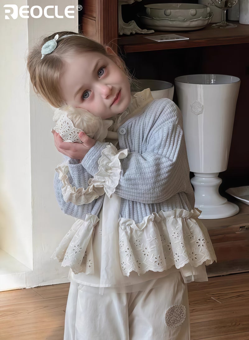 ريوكل جمبسوت فتاة محبوك مع حواف دانتيل زهرية وتصميم بوهيمي سترة مفتوحة من الأمام بمواد مختلطة لارتدائها في الربيع - Image 1