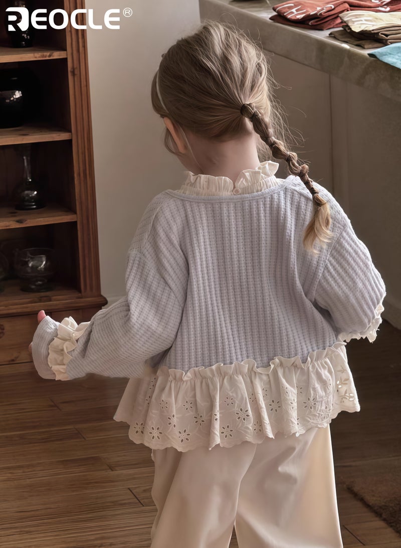 ريوكل جمبسوت فتاة محبوك مع حواف دانتيل زهرية وتصميم بوهيمي سترة مفتوحة من الأمام بمواد مختلطة لارتدائها في الربيع - Image 3