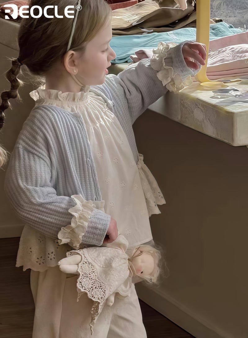 ريوكل جمبسوت فتاة محبوك مع حواف دانتيل زهرية وتصميم بوهيمي سترة مفتوحة من الأمام بمواد مختلطة لارتدائها في الربيع - Image 2