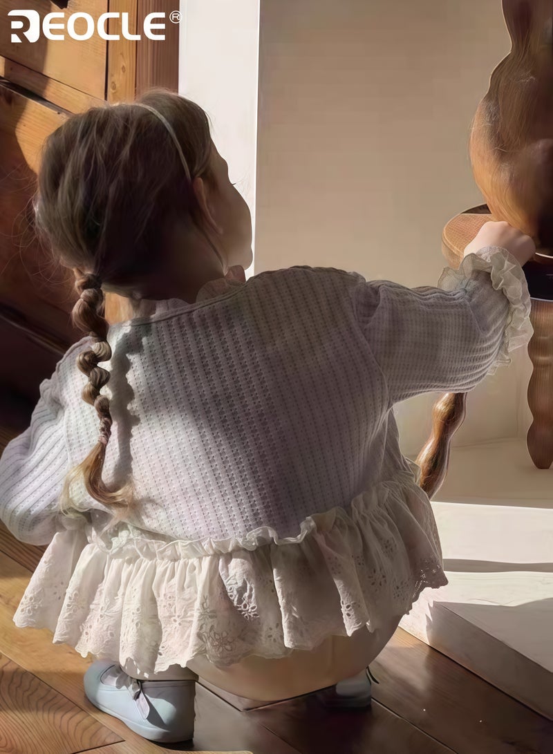 ريوكل جمبسوت فتاة محبوك مع حواف دانتيل زهرية وتصميم بوهيمي سترة مفتوحة من الأمام بمواد مختلطة لارتدائها في الربيع - Image 4