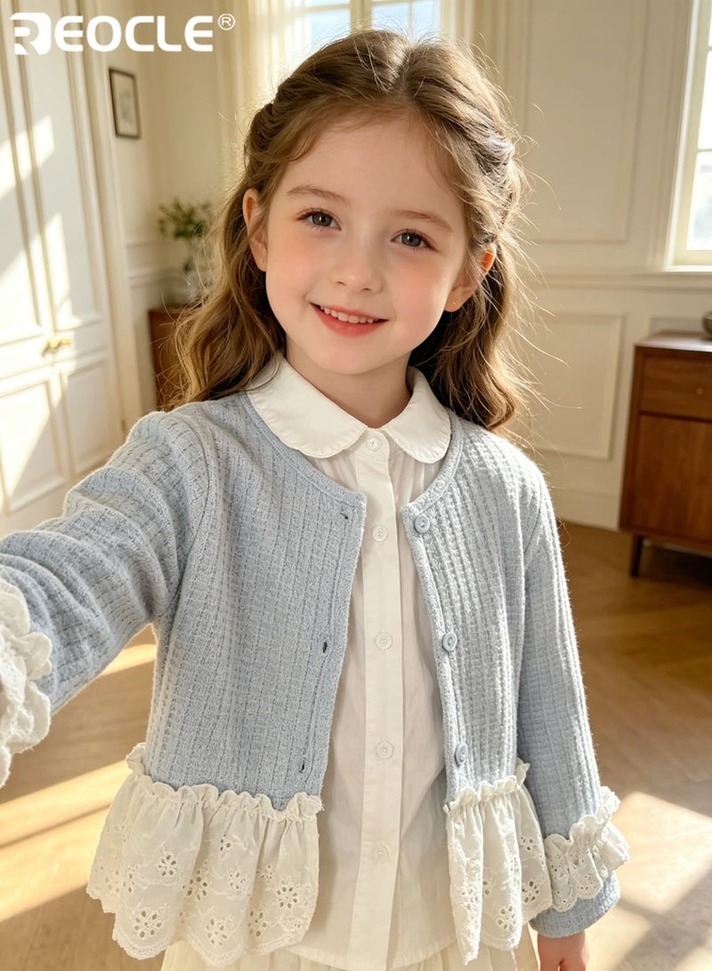 REOCLE Girl's Knit Cardigan with Floral Lace Trim and Bohemian Style Design Princess Open-Front Sweater with Mixed Material for Spring Wear - Image 3