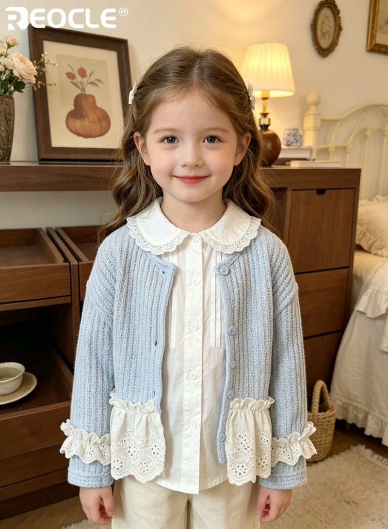 REOCLE Girl's Knit Cardigan with Floral Lace Trim and Bohemian Style Design Princess Open-Front Sweater with Mixed Material for Spring Wear - Image 2