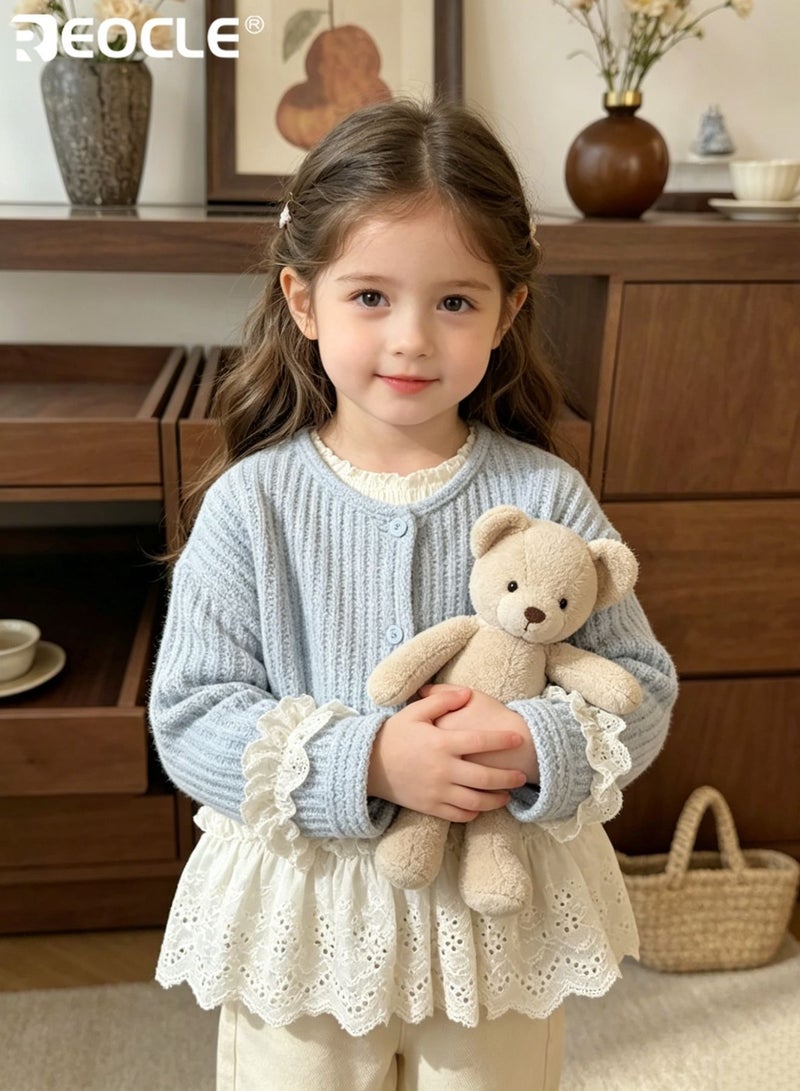 REOCLE Girl's Knit Cardigan with Floral Lace Trim and Bohemian Style Design Princess Open-Front Sweater with Mixed Material for Spring Wear - Image 1