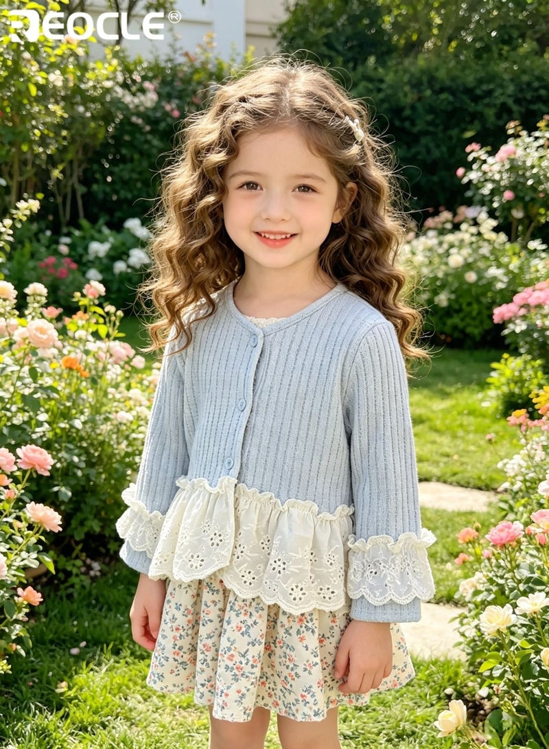 REOCLE Girl's Knit Cardigan with Floral Lace Trim and Bohemian Style Design Princess Open-Front Sweater with Mixed Material for Spring Wear - Image 5