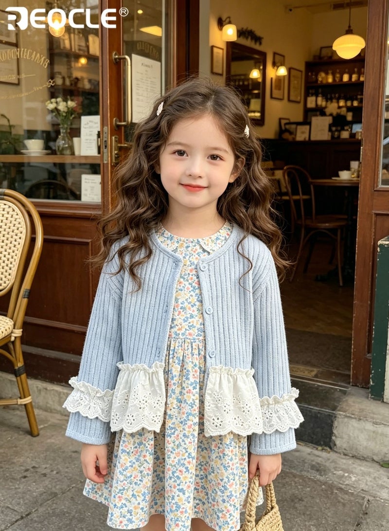 REOCLE Girl's Knit Cardigan with Floral Lace Trim and Bohemian Style Design Princess Open-Front Sweater with Mixed Material for Spring Wear - Image 4