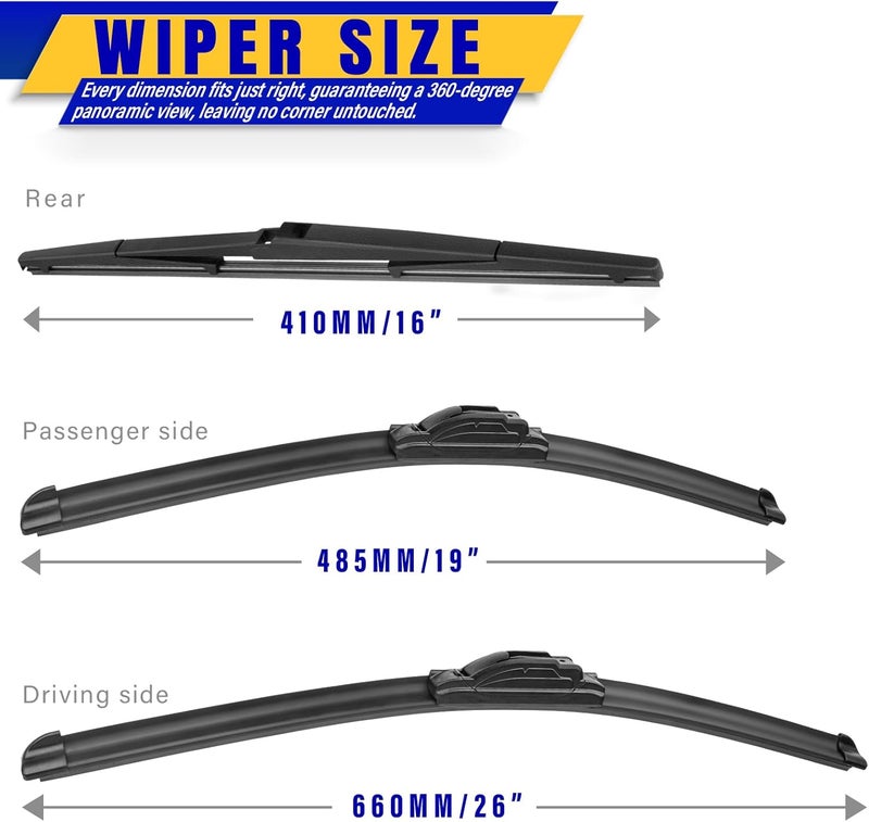 Rooppa 3 wipers Replacement for 2010-2015 Toyota prius, Windshield Wiper Blades Original Equipment Replacement - 26"/19"/16" (Set of 3) U/J HOOK - Image 2