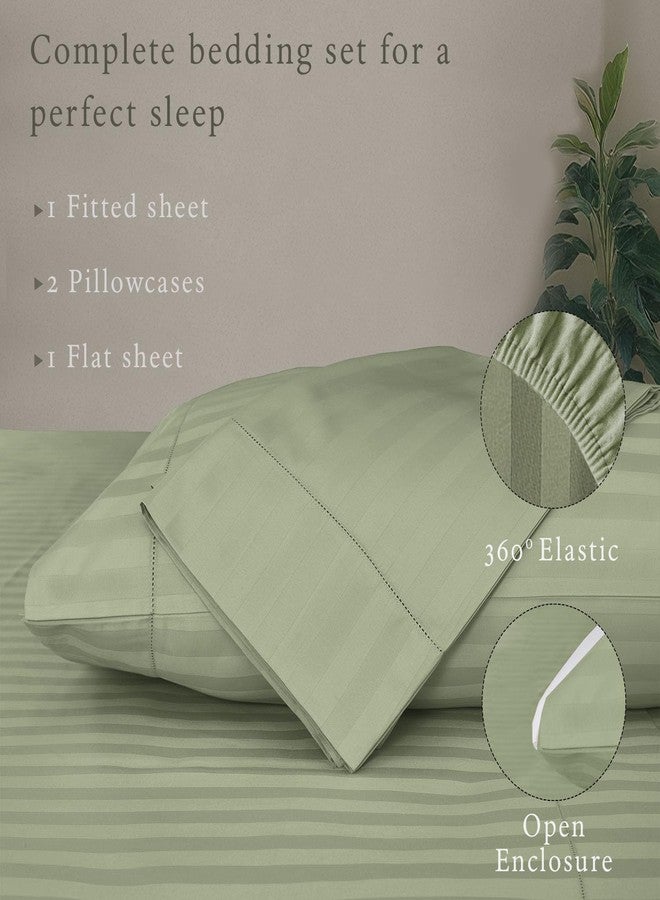 Threadmill 500 Thread Count Full-Size Damask Stripe, 4 Pc Luxury Cotton Bedding Set, Breathable Sage Green Sheets with 16" Elasticized Deep Pocket, 2 Pillowcases & Free Tote Bag - Image 3