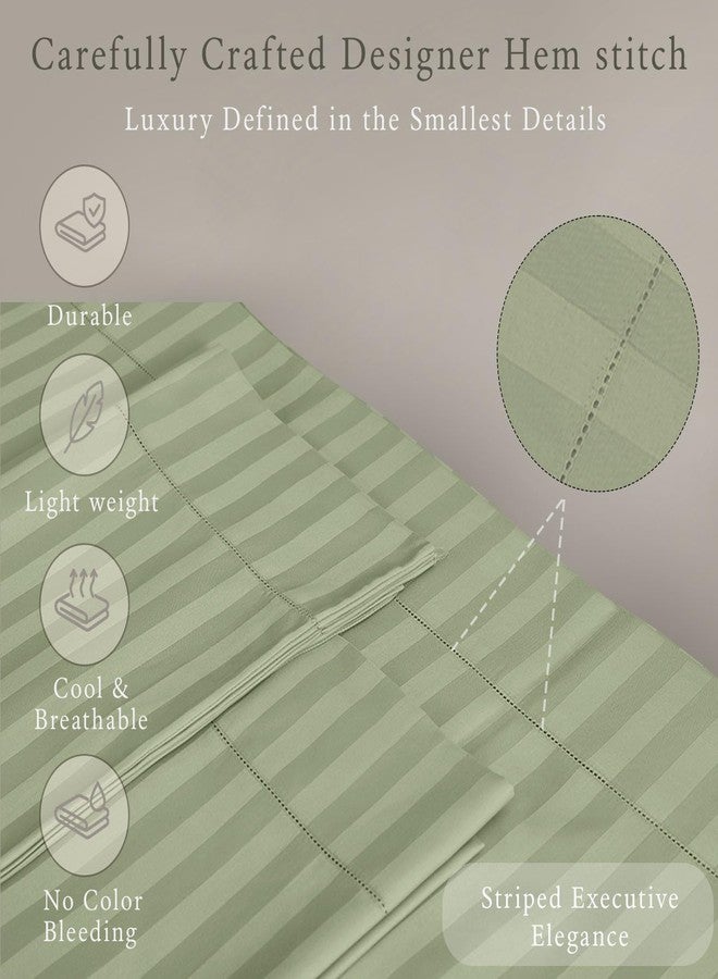 Threadmill 500 Thread Count Full-Size Damask Stripe, 4 Pc Luxury Cotton Bedding Set, Breathable Sage Green Sheets with 16" Elasticized Deep Pocket, 2 Pillowcases & Free Tote Bag - Image 4