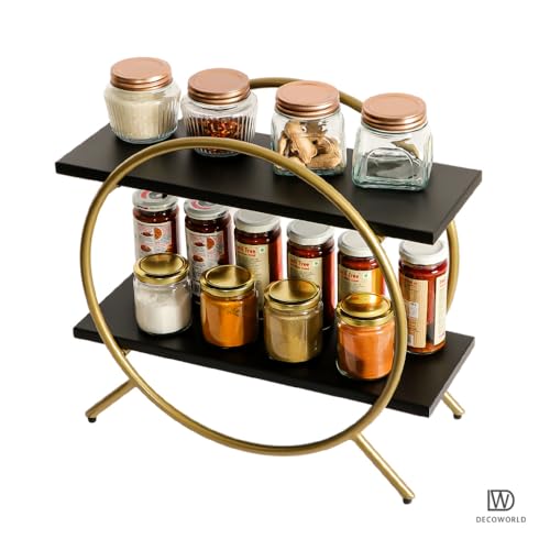 DECOWORLD || Premium 2 Tier Circular Countertop Organizer Rack ||Multishelf Storage Stand for Kitchen, Bathroom or Dressing table||Spice Rack,Cosmetics Organizer or Bathroom Organizer (Black & Golden) - Image 3