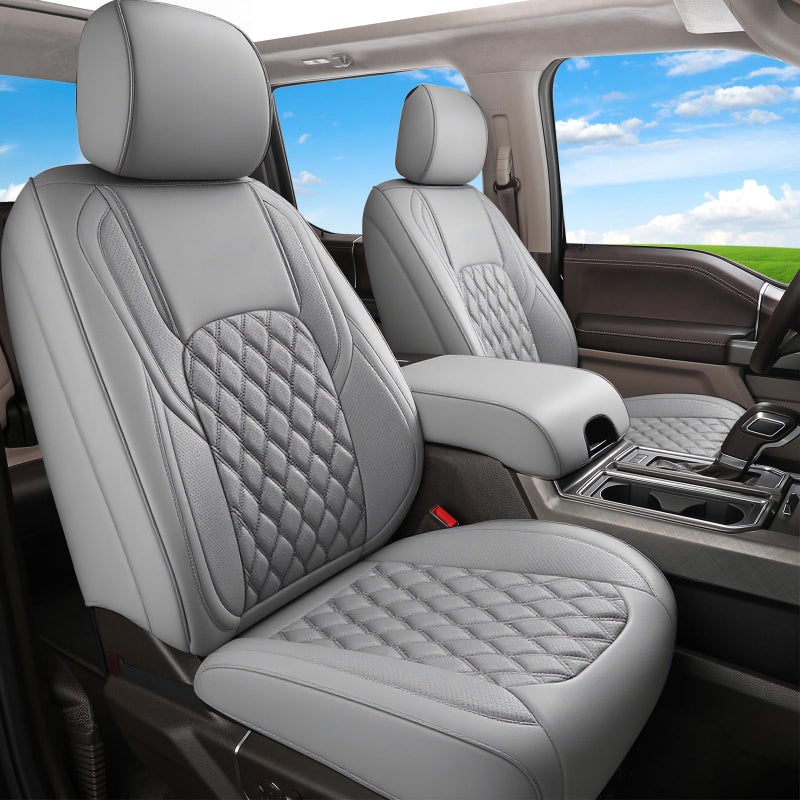 Huidasource F150 F250 F350 Front Seat Covers, 360Â° Full-wrap Car Seat Cushion Cover Fit for Ford F150 2015-2025&F250 F350 F450 2017-2025 All Cab XL XLT Lariat King Ranch Platinum(Front Pair/Gray) - Image 1