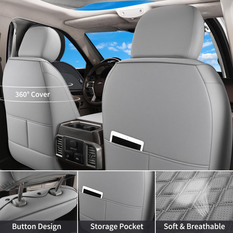 Huidasource F150 F250 F350 Front Seat Covers, 360Â° Full-wrap Car Seat Cushion Cover Fit for Ford F150 2015-2025&F250 F350 F450 2017-2025 All Cab XL XLT Lariat King Ranch Platinum(Front Pair/Gray) - Image 2