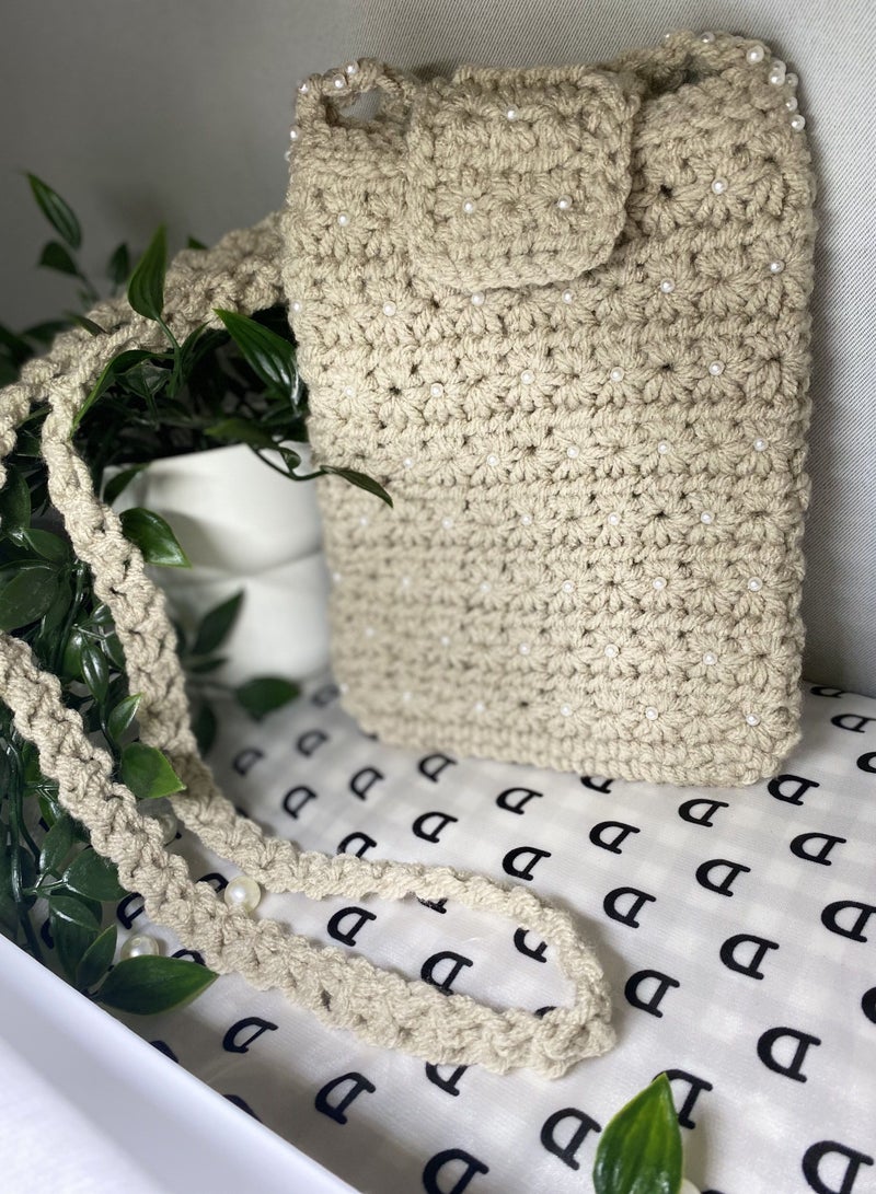 Braidise Creations Customised Crochet Flower Pattern Mobile Sling Bag With Handstitched Pearls  - Image 4