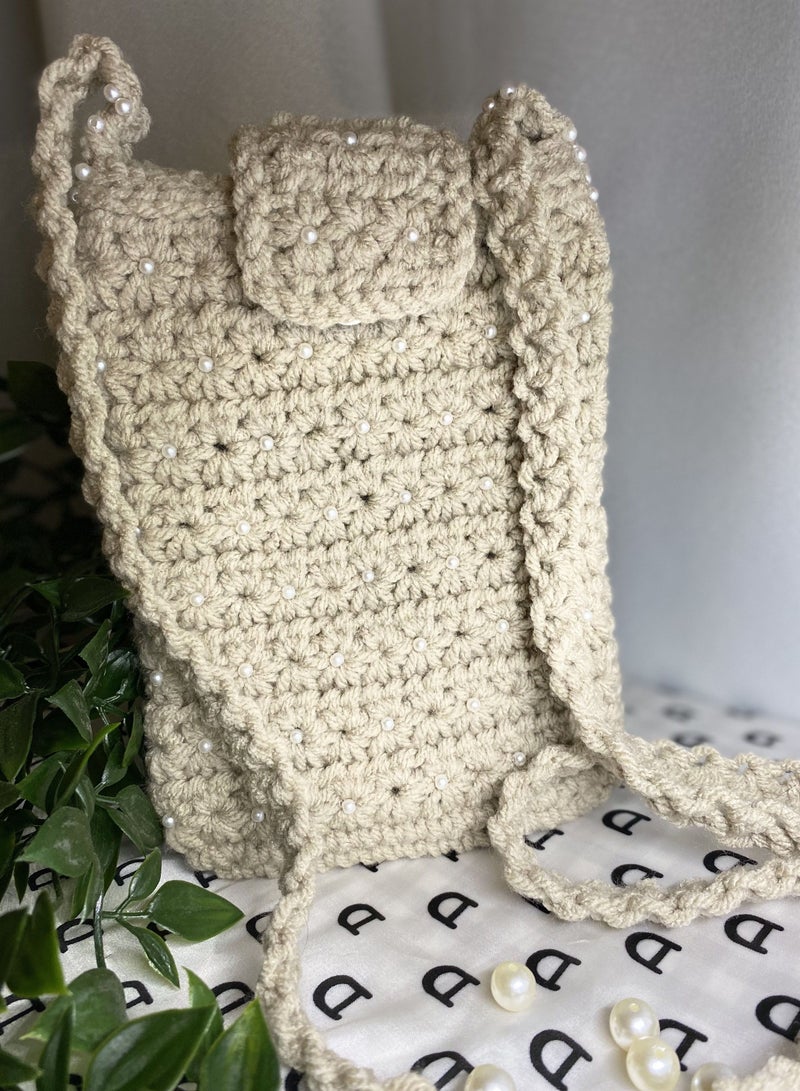 Braidise Creations Customised Crochet Flower Pattern Mobile Sling Bag With Handstitched Pearls  - Image 1
