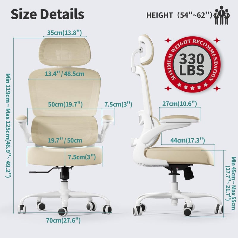 TRALT Office Chair Ergonomic Desk Chair, 330 LBS Home Mesh Office Desk Chairs with Wheels, Comfortable Gaming Chair, High Back Office Chair for Long Hours (Black) (Pale Beige) - Image 2