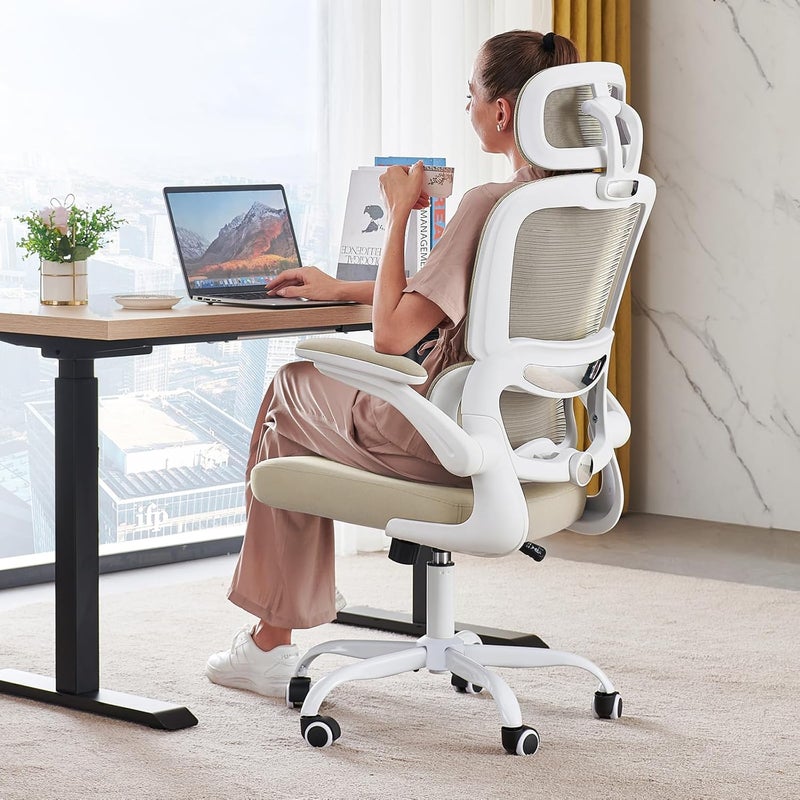 TRALT Office Chair Ergonomic Desk Chair, 330 LBS Home Mesh Office Desk Chairs with Wheels, Comfortable Gaming Chair, High Back Office Chair for Long Hours (Black) (Pale Beige) - Image 1
