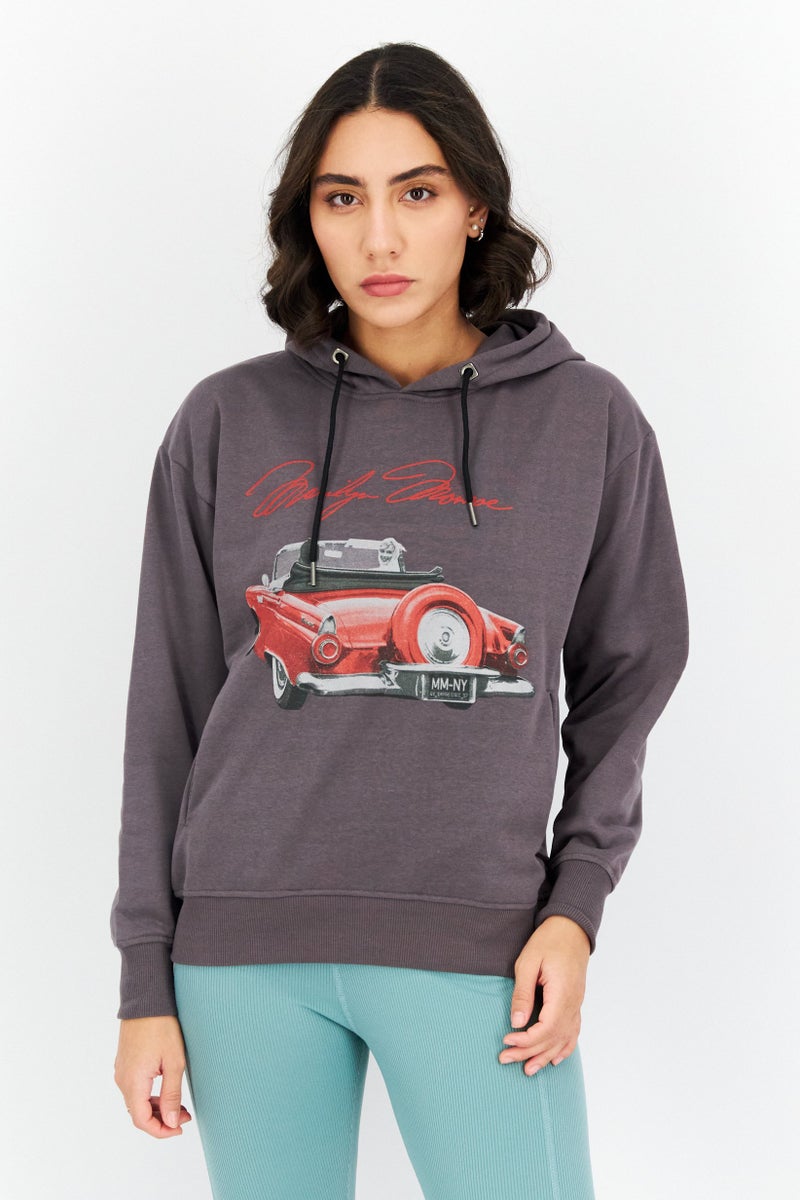 Marilyn Monroe Women Hooded Printed Long Sleeve Sweatshirts, Charcoal Grey Melange - Image 1