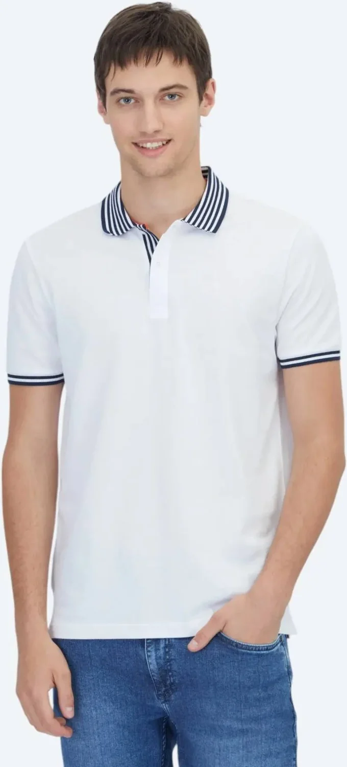Kip White Polo Collar Cotton Blend T-Shirt
