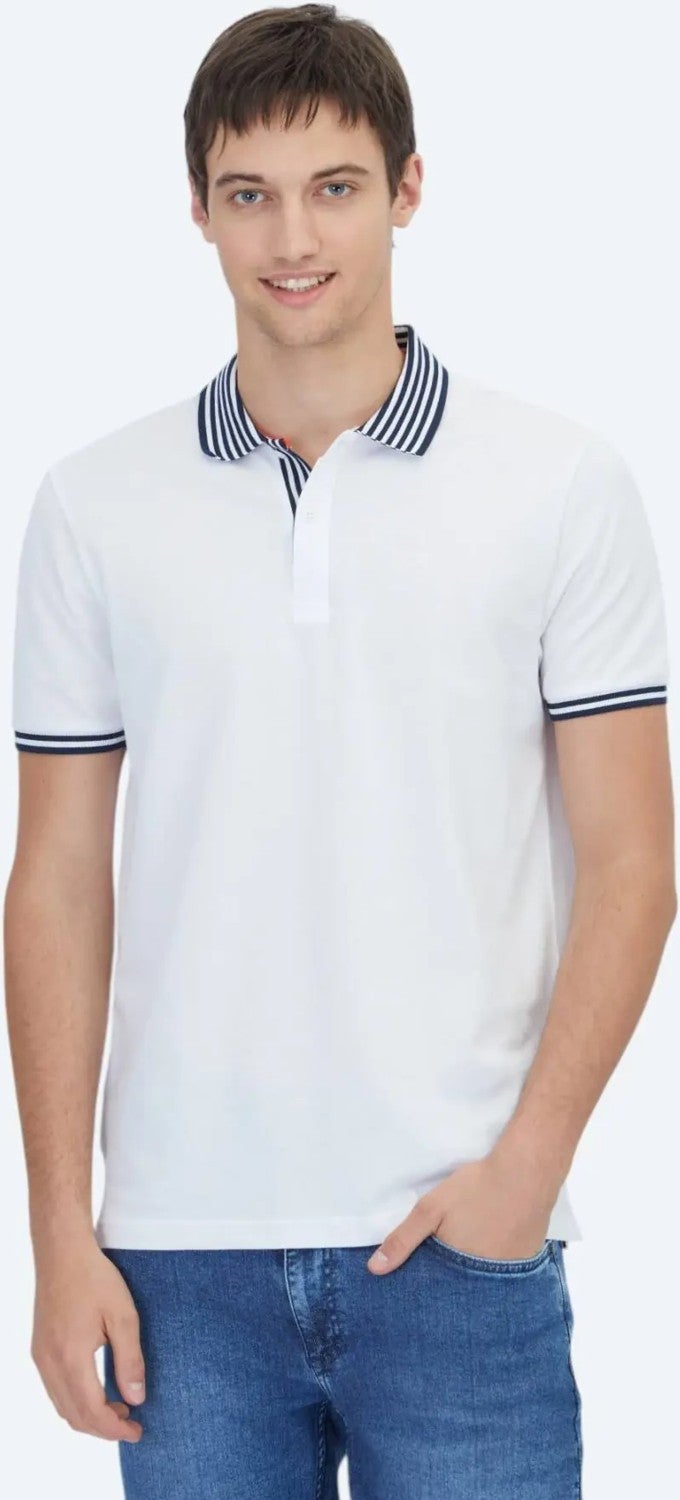 White Polo Collar Cotton Blend T-Shirt