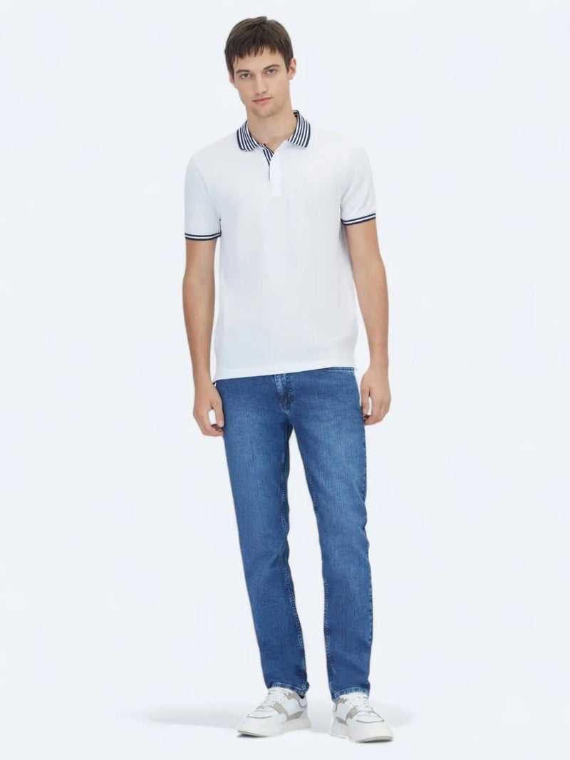 White Polo Collar Cotton Blend T-Shirt