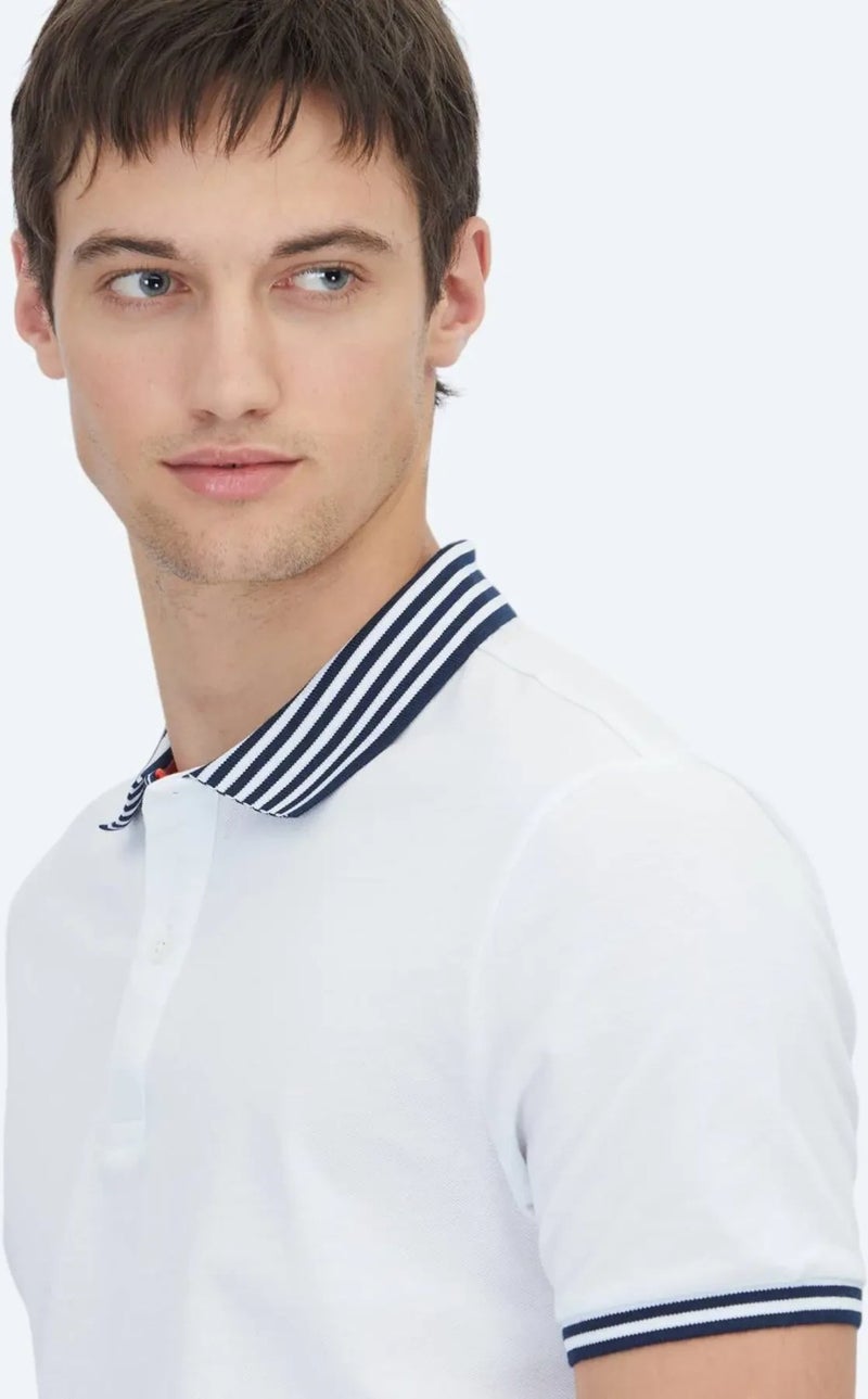 White Polo Collar Cotton Blend T-Shirt