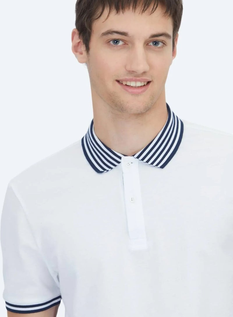 White Polo Collar Cotton Blend T-Shirt