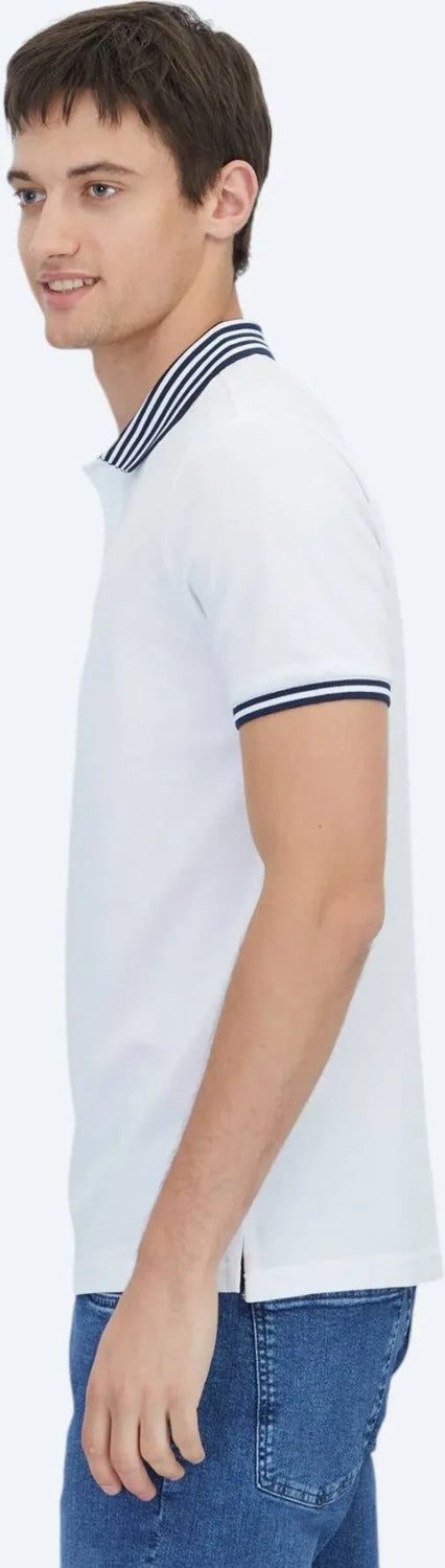 White Polo Collar Cotton Blend T-Shirt