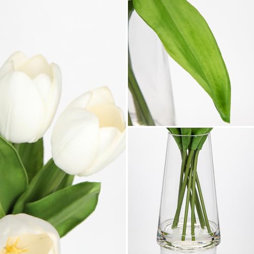 Arborus Fake Tulips Artificial Tulip Flowers in Glass Vase with Faux Water, 14.2" Real Touch White Tulip Flowers Spring Décor for Table Centerpiece Home Farmhouse Resto Wedding Decoration - Image 3