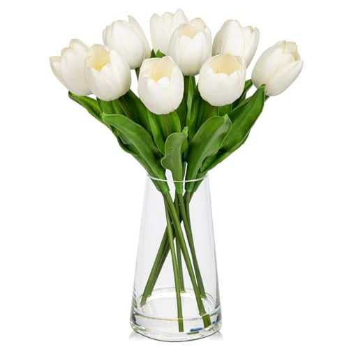 Arborus Fake Tulips Artificial Tulip Flowers in Glass Vase with Faux Water, 14.2" Real Touch White Tulip Flowers Spring Décor for Table Centerpiece Home Farmhouse Resto Wedding Decoration - Image 1