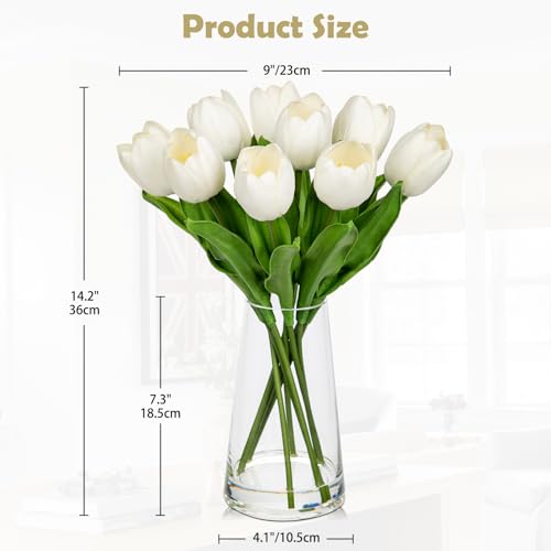 Arborus Fake Tulips Artificial Tulip Flowers in Glass Vase with Faux Water, 14.2" Real Touch White Tulip Flowers Spring Décor for Table Centerpiece Home Farmhouse Resto Wedding Decoration - Image 2