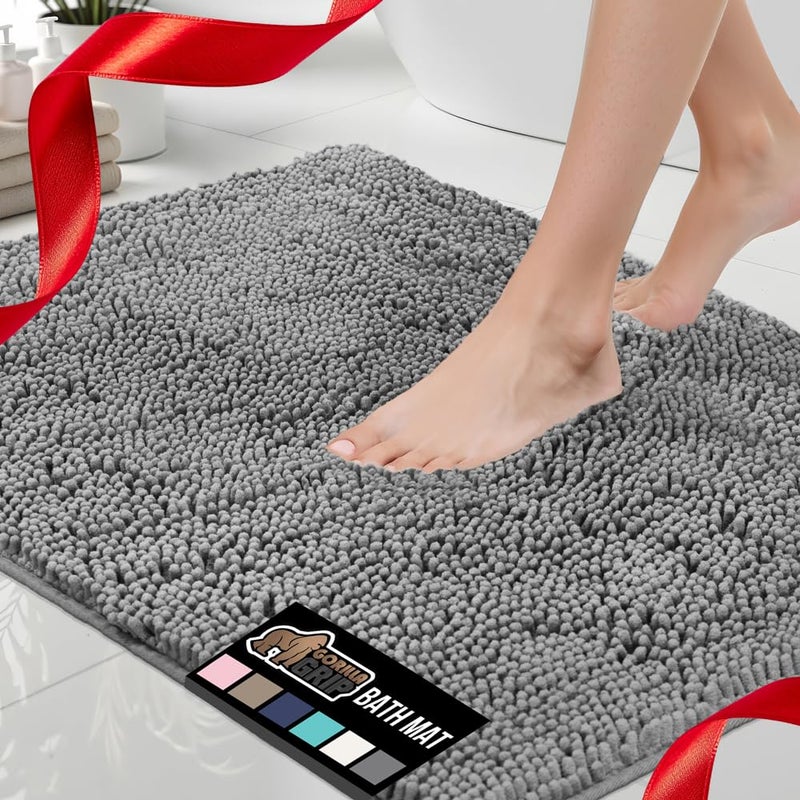 GORILLA GRIP Bath Rug Mat, Thick Soft Absorbent Chenille, Quick Dry Microfiber Mats, Rubber Backing Washable Shower Floor Rugs, Bathmat Runner, US Designed Bathroom Home Decor Accessories 24x17, Grey - Image 1