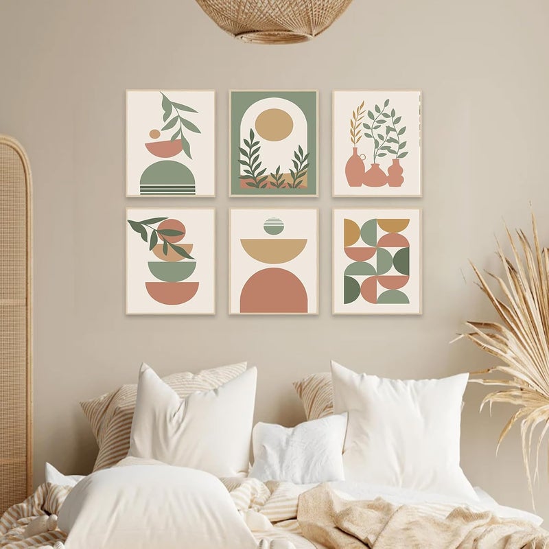 KBKBART All-scene tailored quality Boho Wall Art Prints Set of 6, Mid-Century Modern Prints, Neutral Geometric Boho Wall Decor Sun Moon Palm Leaf Beige Green Canvas Artwork, Minimalist Boho Poster Paintings for Bedroom Living Room All region coverage - Image 5