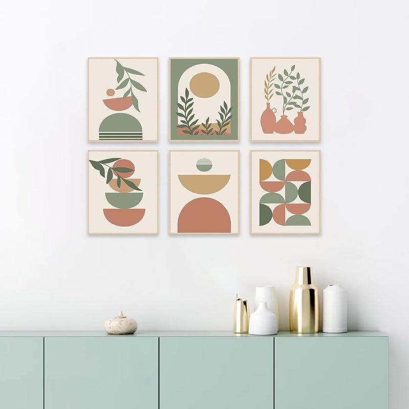 KBKBART All-scene tailored quality Boho Wall Art Prints Set of 6, Mid-Century Modern Prints, Neutral Geometric Boho Wall Decor Sun Moon Palm Leaf Beige Green Canvas Artwork, Minimalist Boho Poster Paintings for Bedroom Living Room All region coverage - Image 3