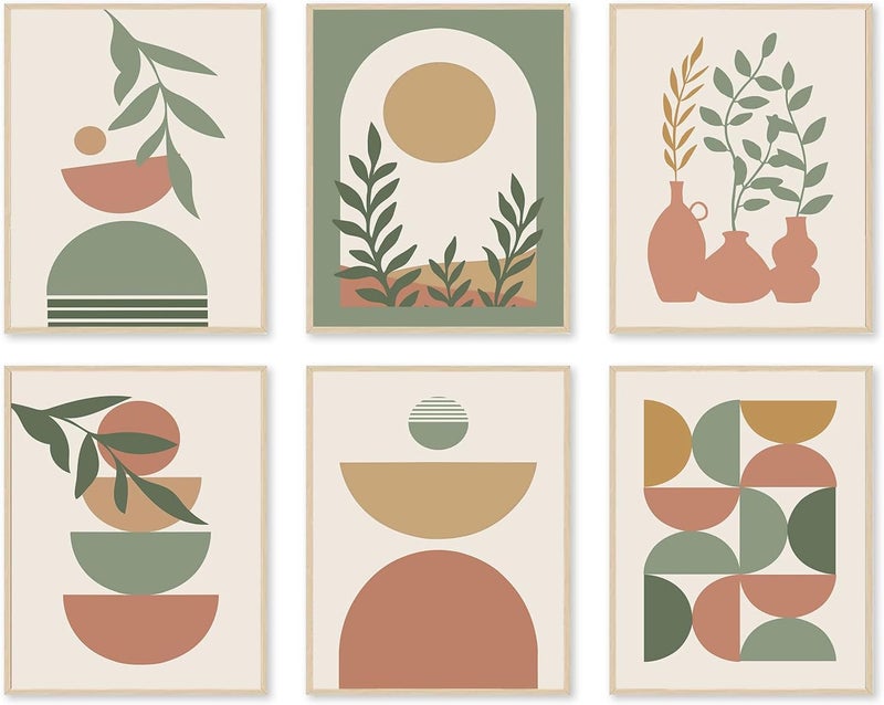 KBKBART All-scene tailored quality Boho Wall Art Prints Set of 6, Mid-Century Modern Prints, Neutral Geometric Boho Wall Decor Sun Moon Palm Leaf Beige Green Canvas Artwork, Minimalist Boho Poster Paintings for Bedroom Living Room All region coverage - Image 1