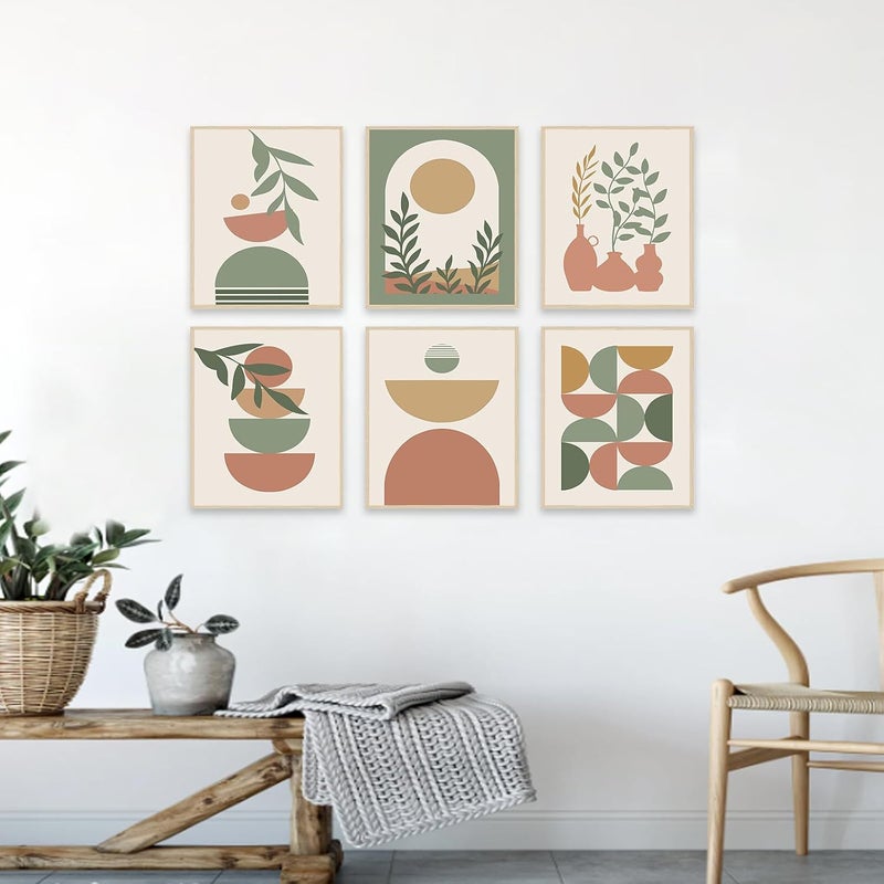 KBKBART All-scene tailored quality Boho Wall Art Prints Set of 6, Mid-Century Modern Prints, Neutral Geometric Boho Wall Decor Sun Moon Palm Leaf Beige Green Canvas Artwork, Minimalist Boho Poster Paintings for Bedroom Living Room All region coverage - Image 4