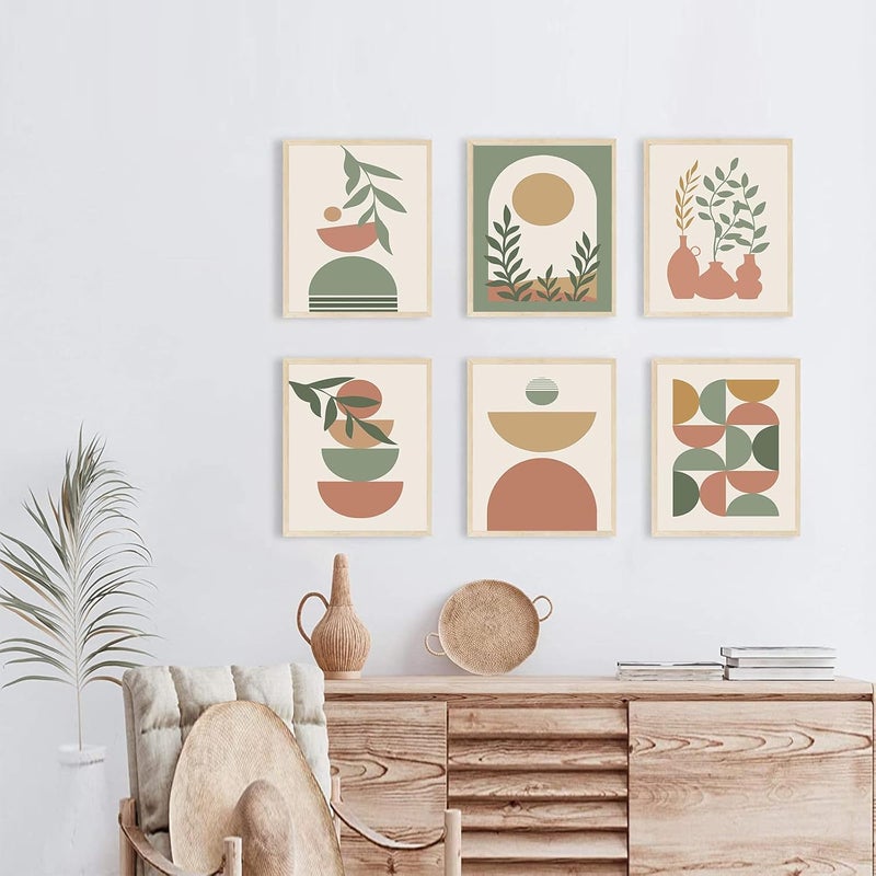 KBKBART All-scene tailored quality Boho Wall Art Prints Set of 6, Mid-Century Modern Prints, Neutral Geometric Boho Wall Decor Sun Moon Palm Leaf Beige Green Canvas Artwork, Minimalist Boho Poster Paintings for Bedroom Living Room All region coverage - Image 2