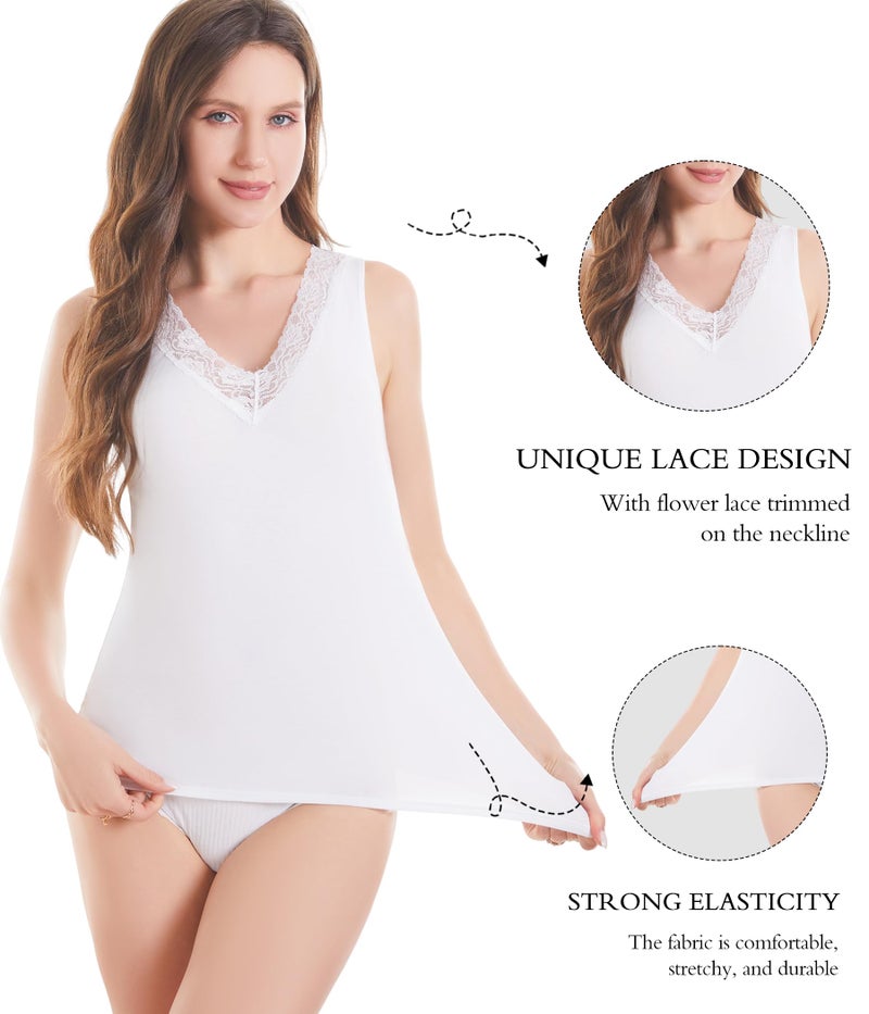 POWER UNICO FLOWER Womens Tank Top Camisoles with Premium Cotton Italian Design - Trimmed with Flower Lace on Neckline (921-White, XL) - Image 3