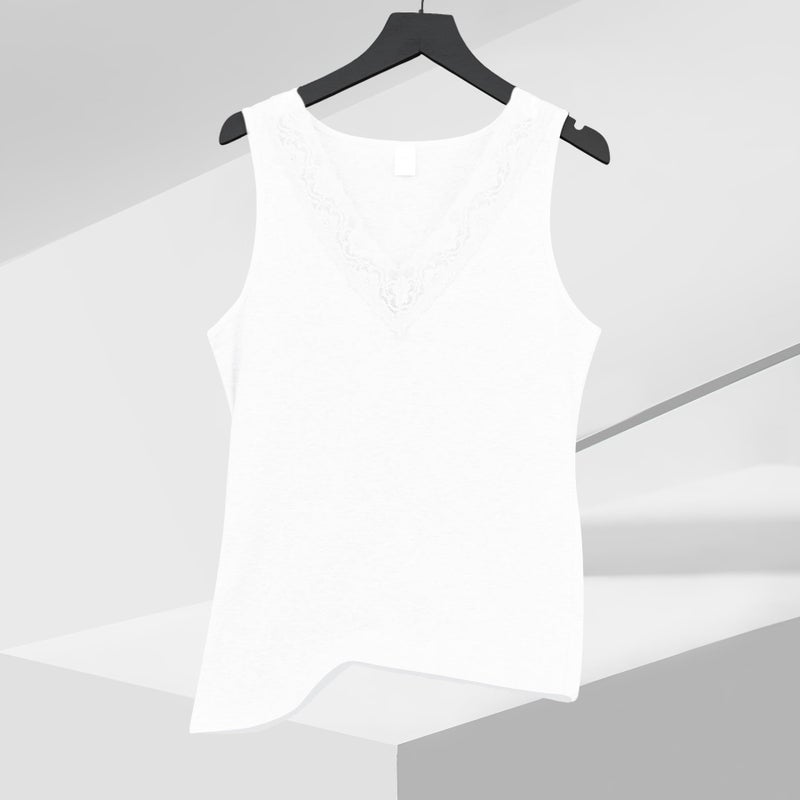 POWER UNICO FLOWER Womens Tank Top Camisoles with Premium Cotton Italian Design - Trimmed with Flower Lace on Neckline (921-White, XL) - Image 2