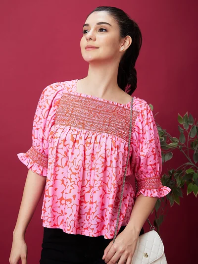 globus Women Pink Abstract Printed Square Neck Puff Sleeve Smocked Top