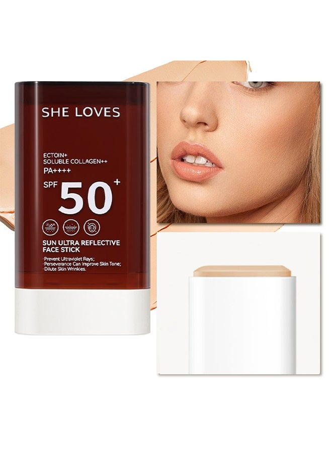 شي لافز عصا وجه عاكسة فائقة من الشمس، إكتوين كولاجين قابل للذوبان Pa 50 SPF عصا وجه عاكسة فائقة من الشمس تمنع أشعة الأشعة فوق البنفسجية، المثابرة يمكن أن تحسن لون البشرة، تخفيف تجاعيد الجلد، عصا واقية من الشمس، #02 بيج طبيعي - Image 1