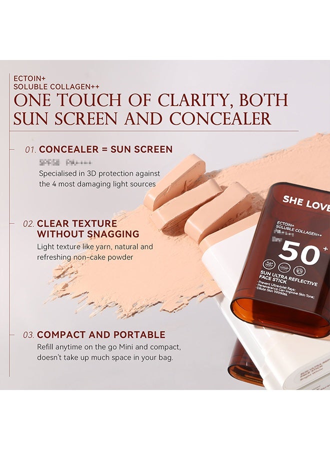شي لافز عصا وجه عاكسة فائقة من الشمس، إكتوين كولاجين قابل للذوبان Pa 50 SPF عصا وجه عاكسة فائقة من الشمس تمنع أشعة الأشعة فوق البنفسجية، المثابرة يمكن أن تحسن لون البشرة، تخفيف تجاعيد الجلد، عصا واقية من الشمس، #02 بيج طبيعي - Image 3