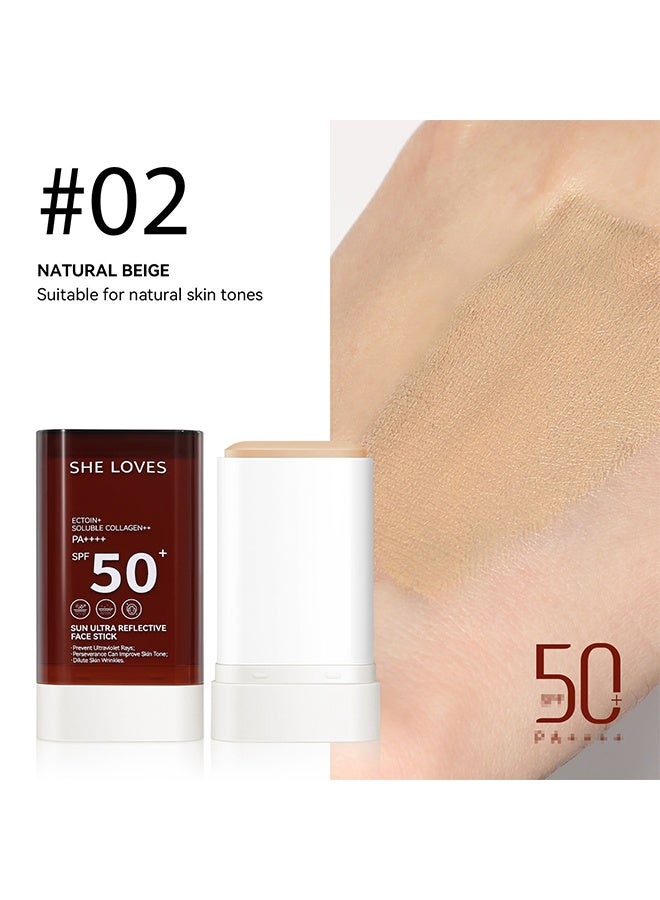 شي لافز عصا وجه عاكسة فائقة من الشمس، إكتوين كولاجين قابل للذوبان Pa 50 SPF عصا وجه عاكسة فائقة من الشمس تمنع أشعة الأشعة فوق البنفسجية، المثابرة يمكن أن تحسن لون البشرة، تخفيف تجاعيد الجلد، عصا واقية من الشمس، #02 بيج طبيعي - Image 2